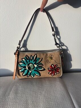 Coach Beige Shoulder Bag with Teal and Red Floral Appliqués